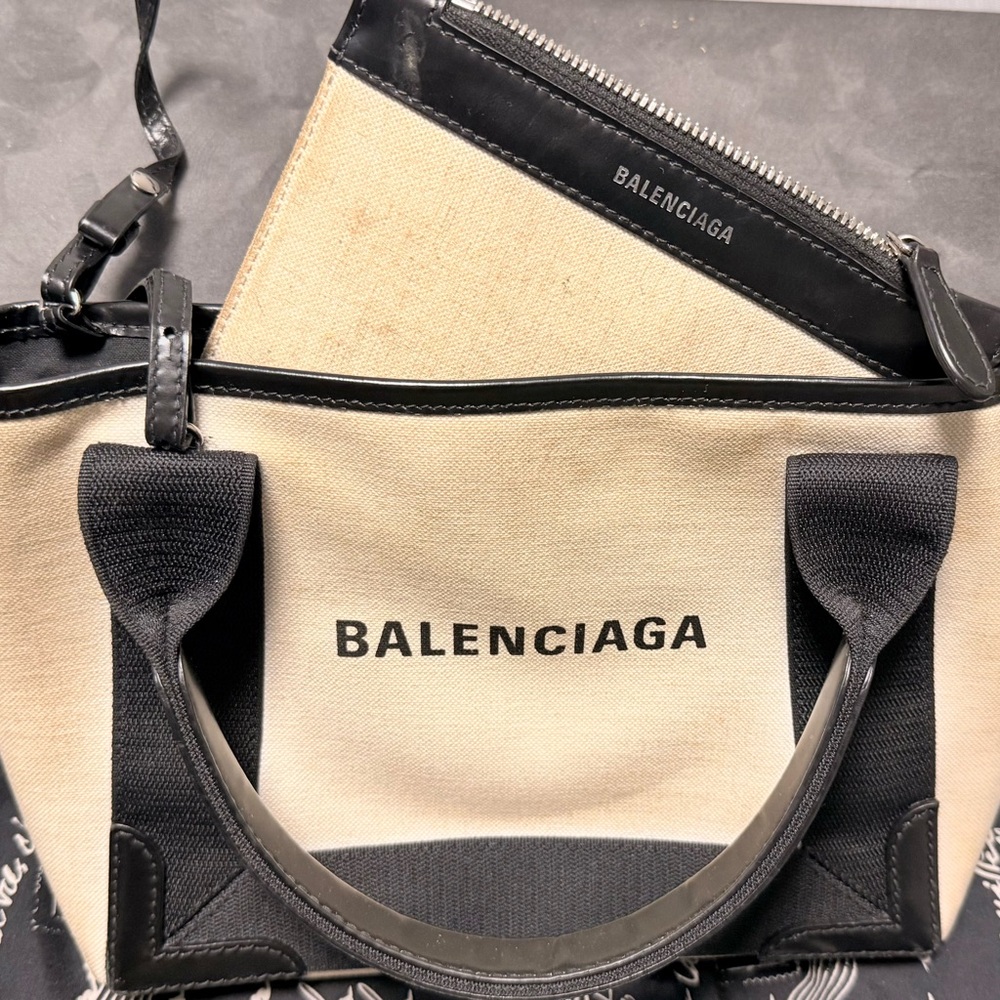 Balenciaga Black and Cream Canvas Tote with Pouch